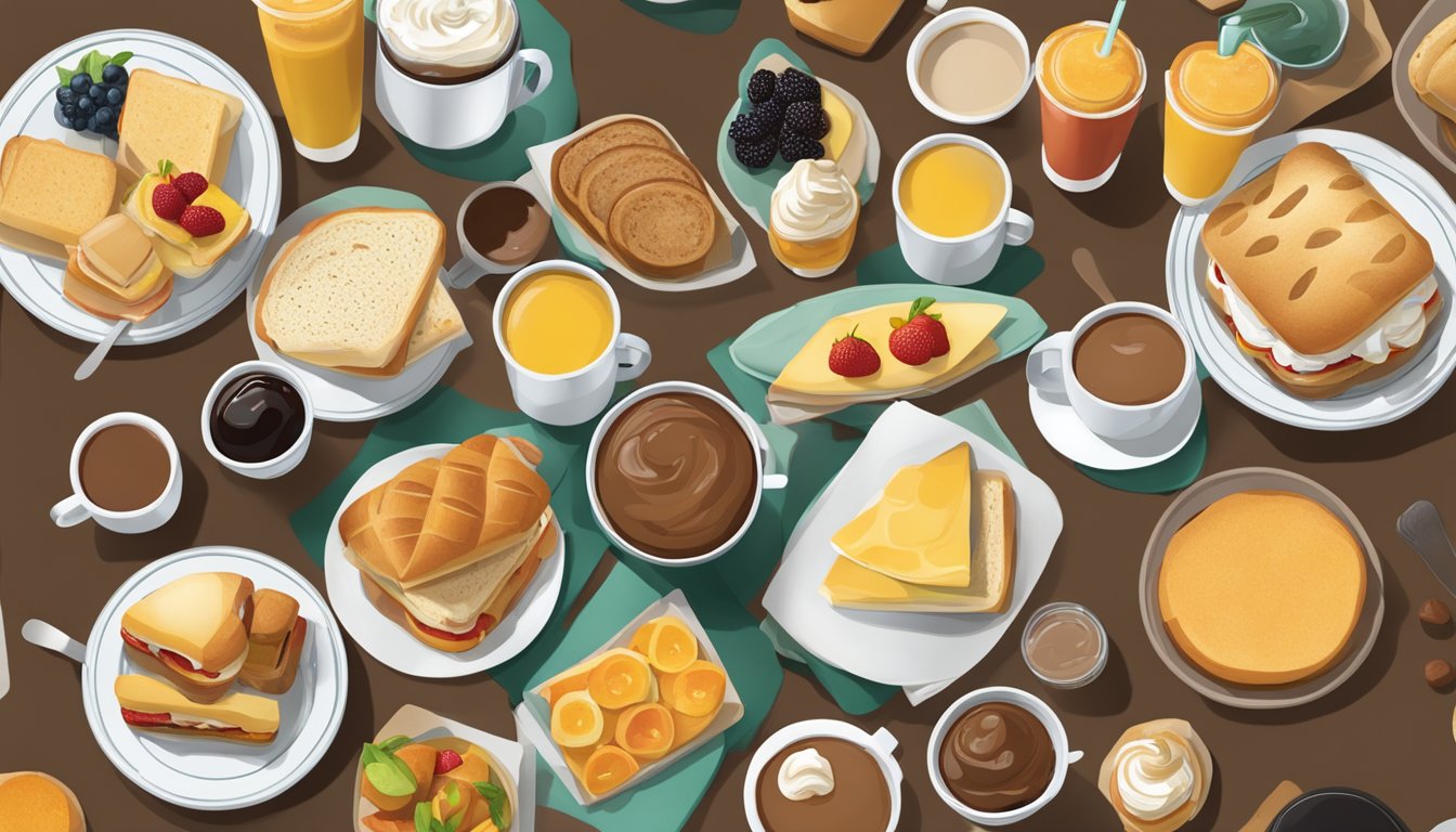 A table with a variety of Starbucks breakfast items arranged for sharing, including sandwiches, pastries, and fruit cups