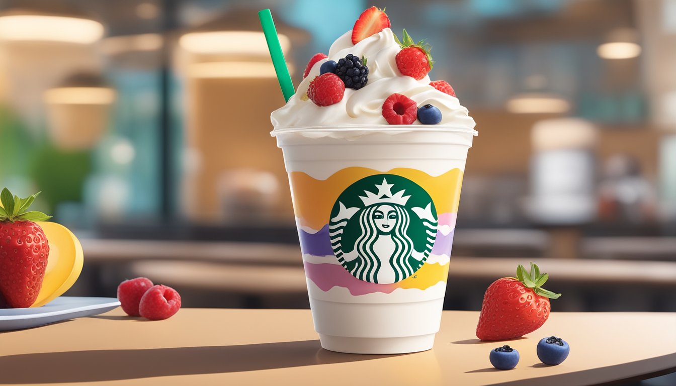 A colorful parfait with layers of yogurt, granola, and fresh berries sits on a table next to a Starbucks menu featuring breakfast options