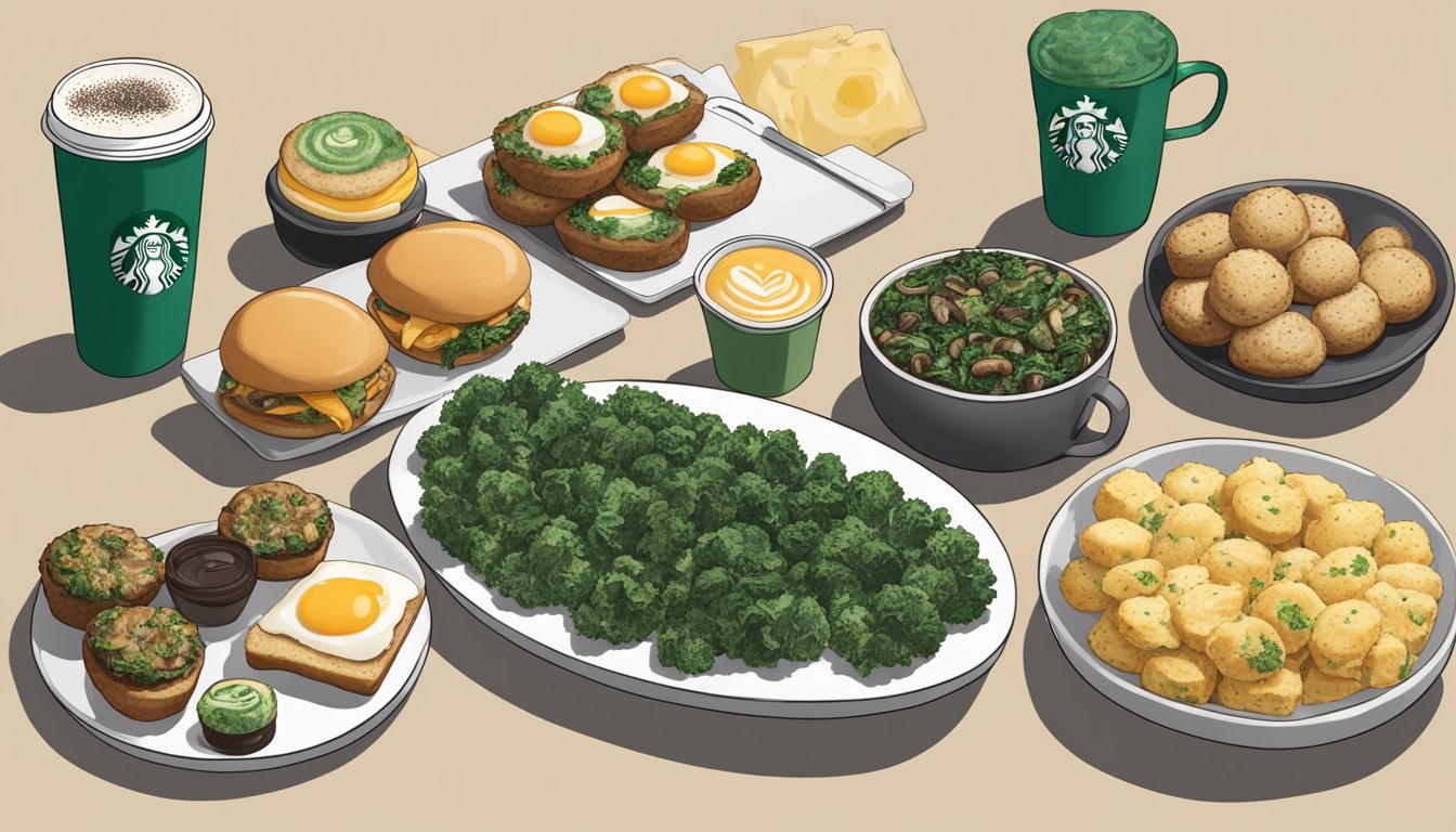 A platter of kale and portabella mushroom egg bites surrounded by a variety of Starbucks breakfast options