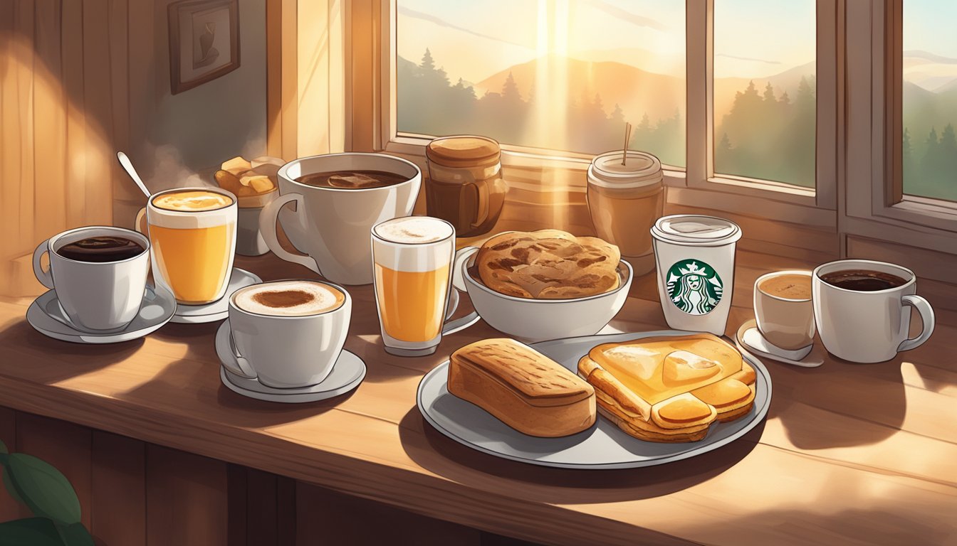 A cozy breakfast spread with a variety of Starbucks items laid out on a wooden table, accompanied by steaming mugs of coffee. Sunrise streams through a window in the background