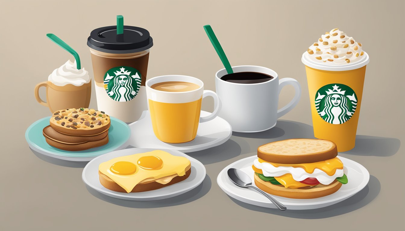 A colorful array of Starbucks breakfast items, including oatmeal, yogurt parfaits, and breakfast sandwiches, arranged on a table with a steaming cup of coffee