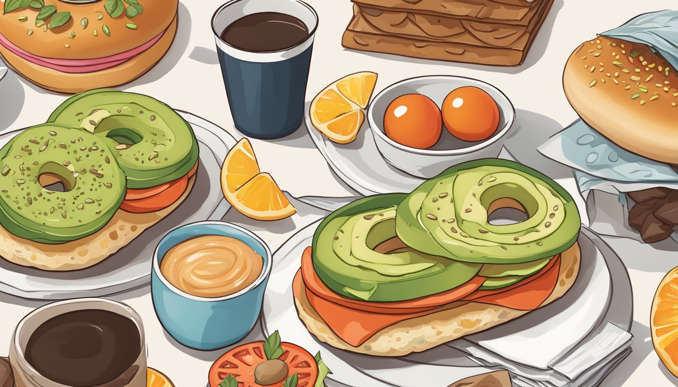 A bagel topped with avocado and sliced tomatoes, surrounded by a spread of breakfast items and a Dunkin' Donuts coffee cup