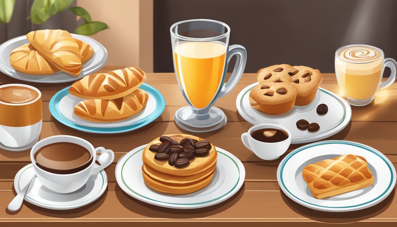 A table set with various breakfast items and drinks, including coffee and pastries, with a bright and inviting atmosphere