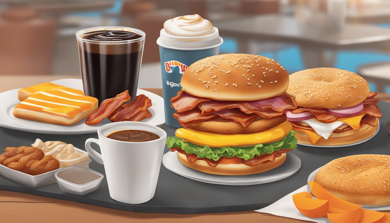 A sizzling bacon breakfast sandwich with sweet black pepper sauce, surrounded by Dunkin' breakfast items and coffee