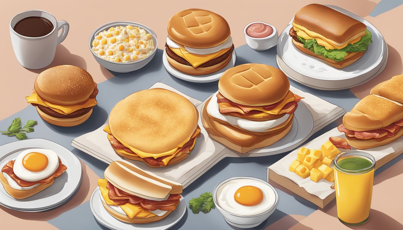 A table with five different breakfast sandwiches from Dunkin' surrounded by scattered ingredients like eggs, cheese, and bacon