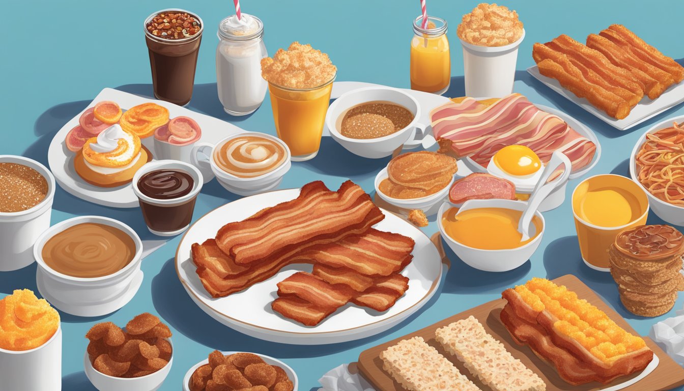 A sizzling strip of bacon coated in maple sugar, surrounded by a spread of Dunkin' breakfast items