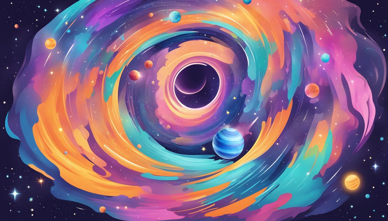 A colorful galaxy-themed drink surrounded by stars and planets, with a swirling vortex of coolatta in the center