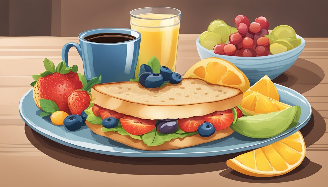 A hearty breakfast sandwich surrounded by a steaming cup of coffee and a colorful array of fresh fruits on a table