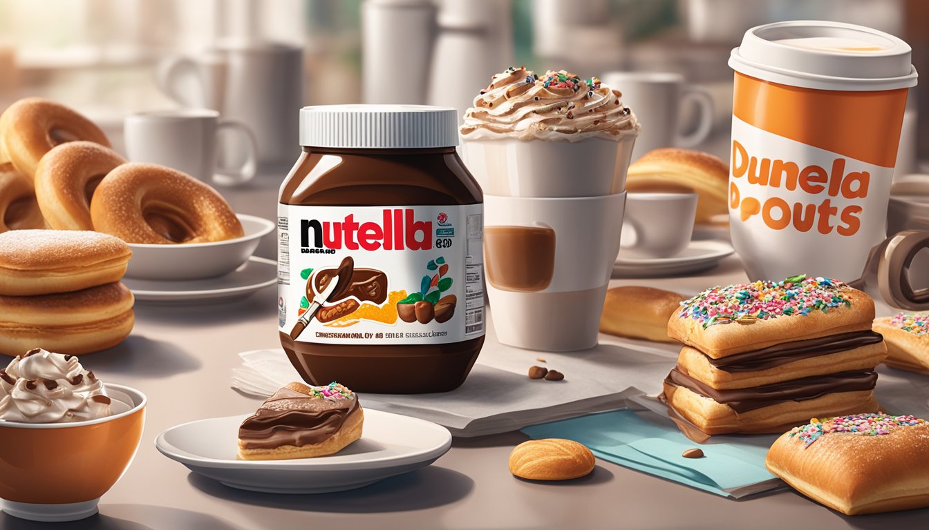 A jar of Nutella sits on a counter surrounded by Dunkin' Donuts pastries and coffee cups, with a sense of mystery and surprise in the air