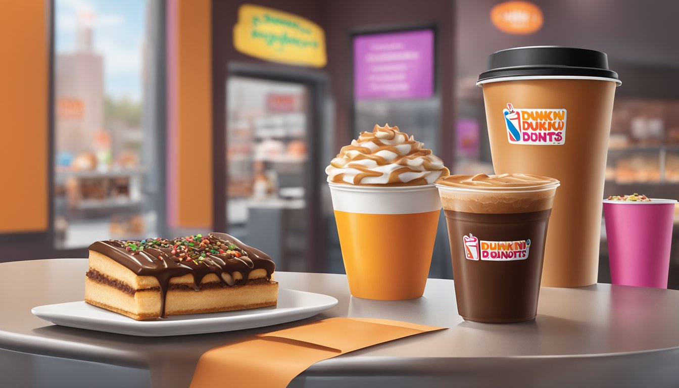 A steaming caramel mocha sits on a table surrounded by colorful Dunkin' Donuts packaging and a menu board with "Secret Menu Items" displayed prominently