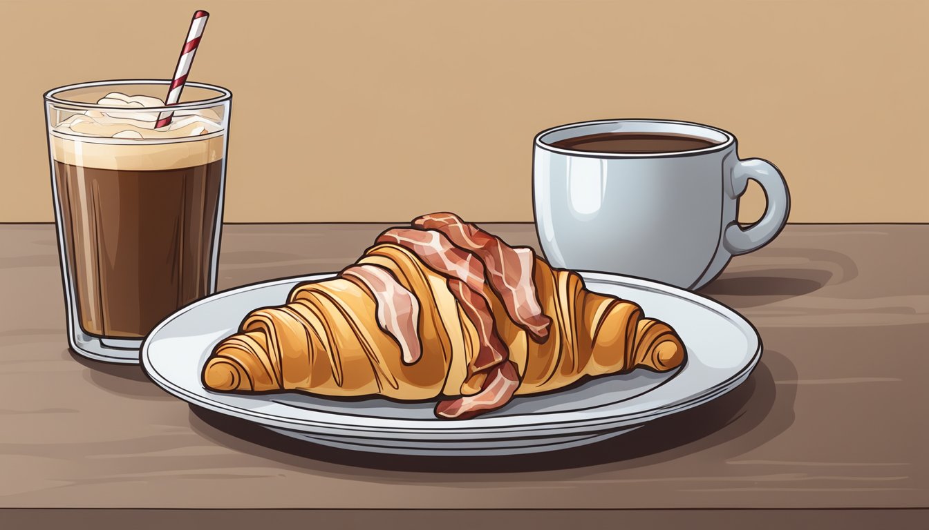 A flaky croissant topped with bacon and drizzled with maple sugar sits next to a frosty glass of iced coffee, creating a tempting breakfast spread