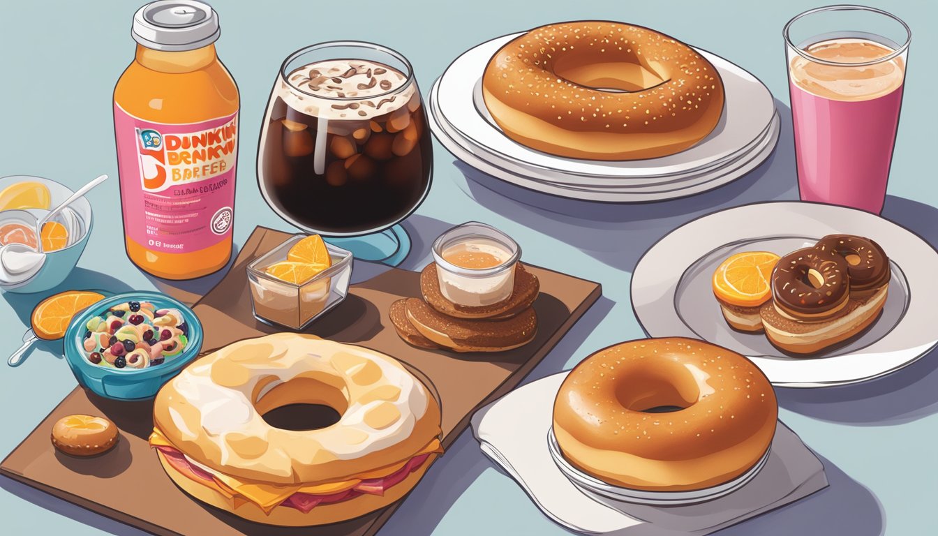 A refreshing glass of cold brew cranberry citrus sits next to a spread of Dunkin' breakfast items, including bagels, donuts, and breakfast sandwiches