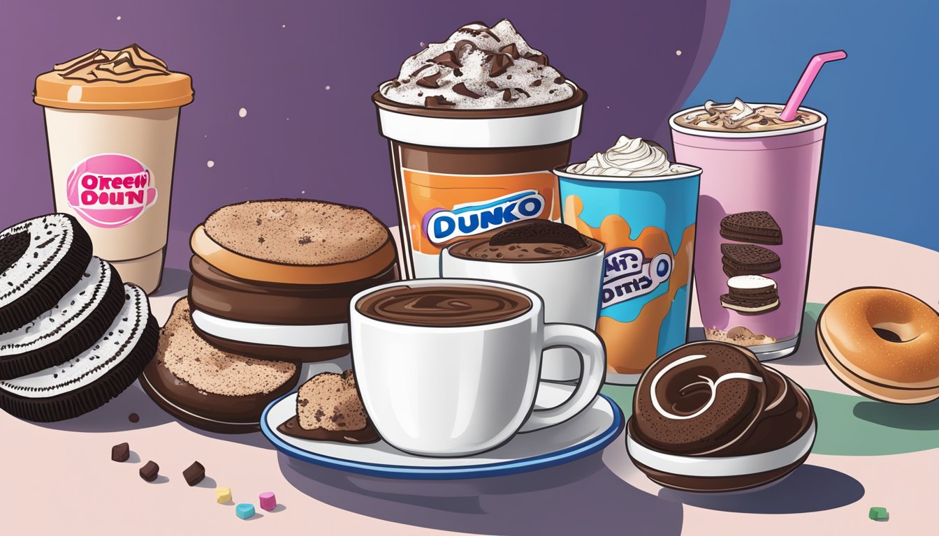 A steaming mug of Oreo hot chocolate sits on a counter, surrounded by Dunkin' Donuts' secret menu items