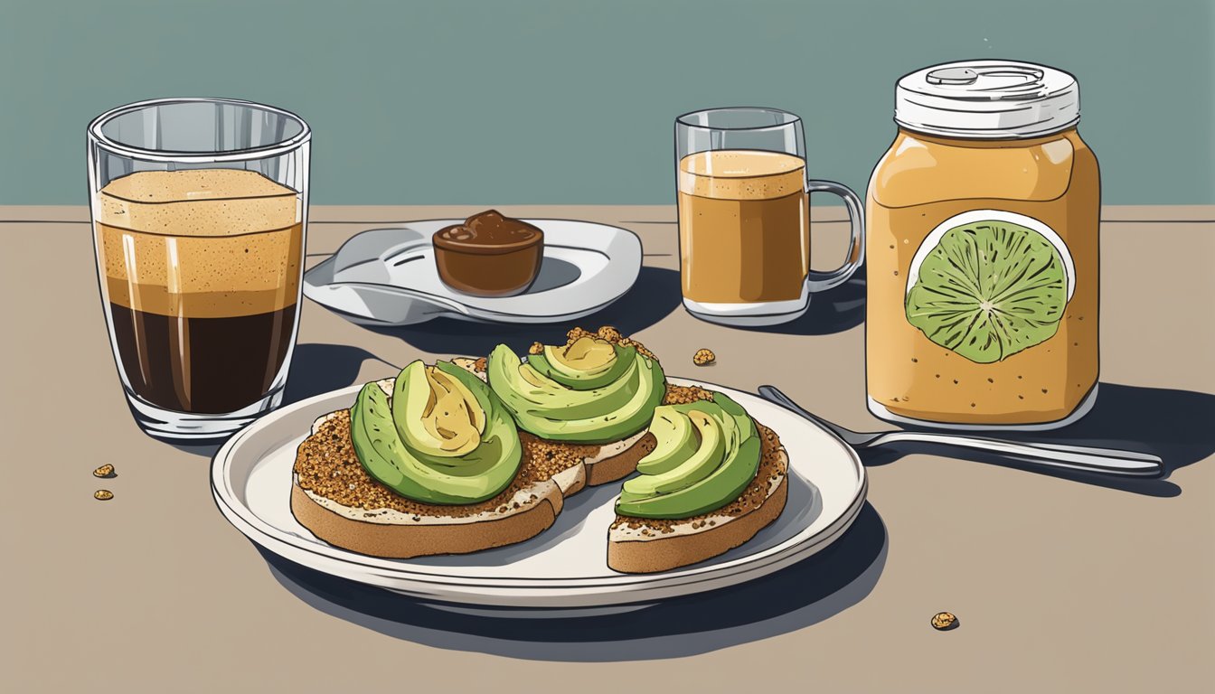 A plate with avocado toast sprinkled with everything bagel seasoning sits next to a glass of cold brew coffee