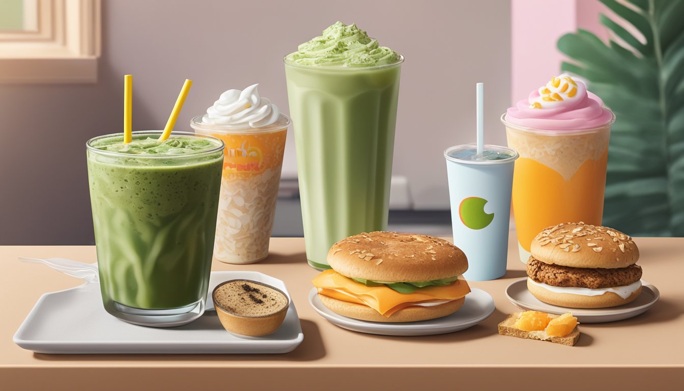 A glass of iced matcha latte with oat milk sits on a table next to a spread of Dunkin' breakfast items