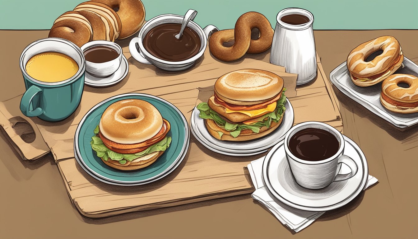 A rustic sourdough breakfast sandwich surrounded by coffee, donuts, and other breakfast items on a table