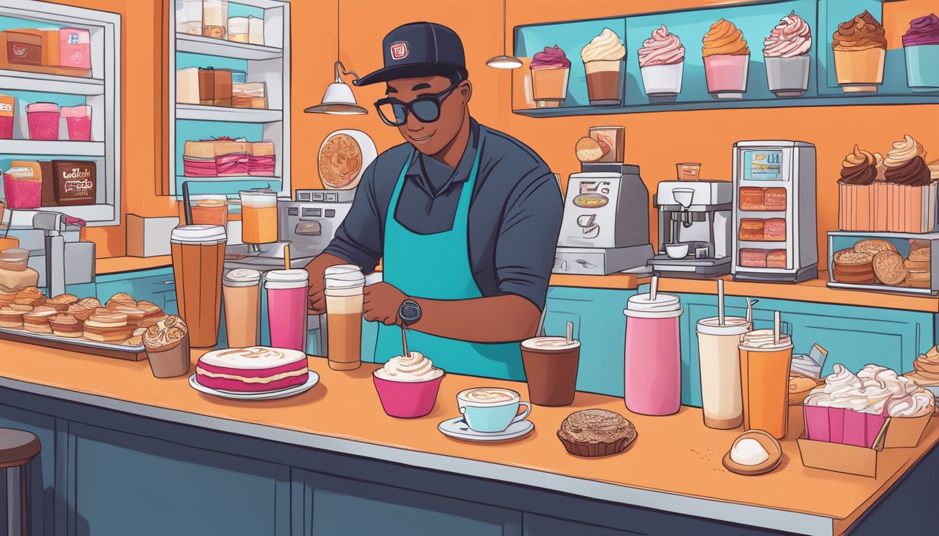 A barista prepares a vibrant red velvet latte at Dunkin', surrounded by other secret menu items