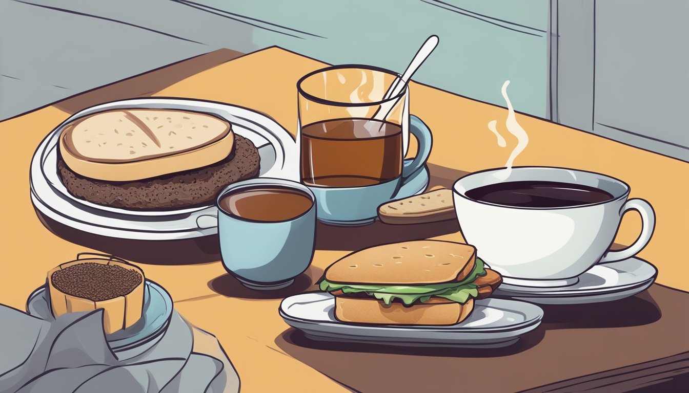 A steaming hot black tea sits next to a Beyond Sausage sandwich on a plate, with a napkin and utensils nearby