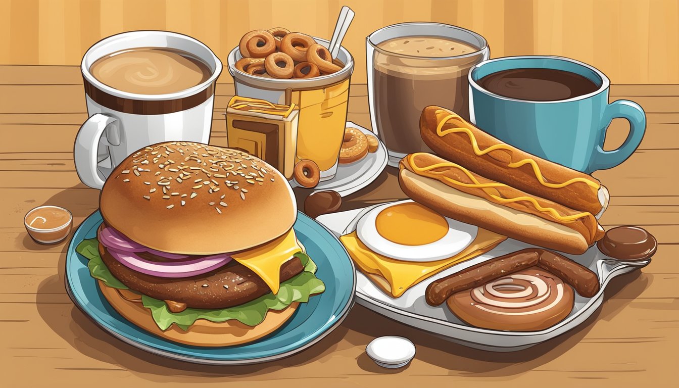 A sizzling Beyond Sausage Sandwich surrounded by coffee, donuts, and breakfast items, with a warm, inviting atmosphere