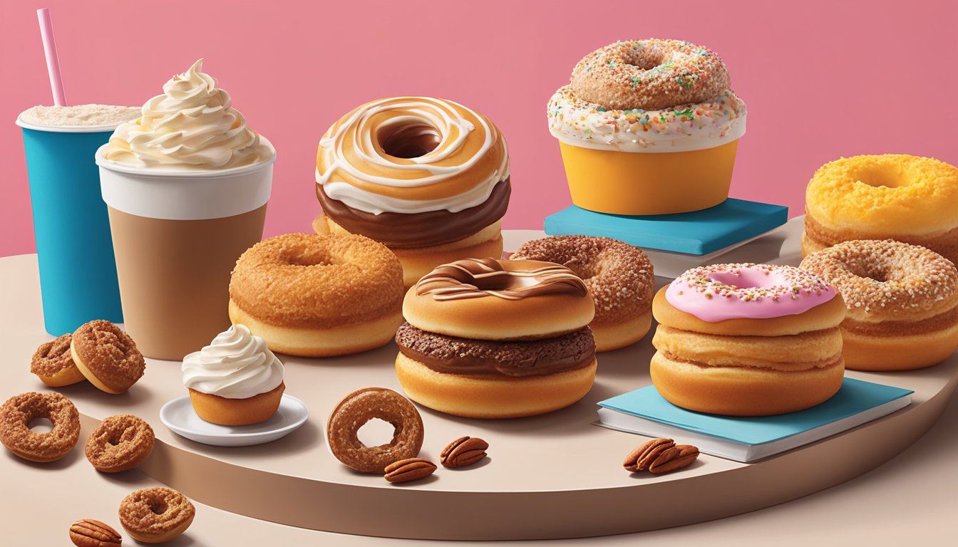 A colorful display of Dunkin' Donuts secret menu items, including the Butter Pecan Swirl, arranged on a counter with a warm, inviting backdrop