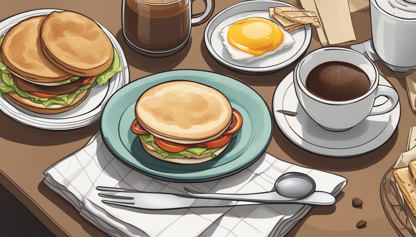 A steaming mocha latte sits next to a loaded breakfast sandwich on a plate, with a napkin and utensils nearby