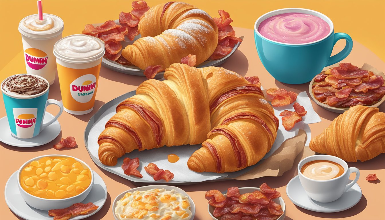 A golden croissant split open, oozing with crispy bacon, surrounded by a spread of Dunkin' breakfast items