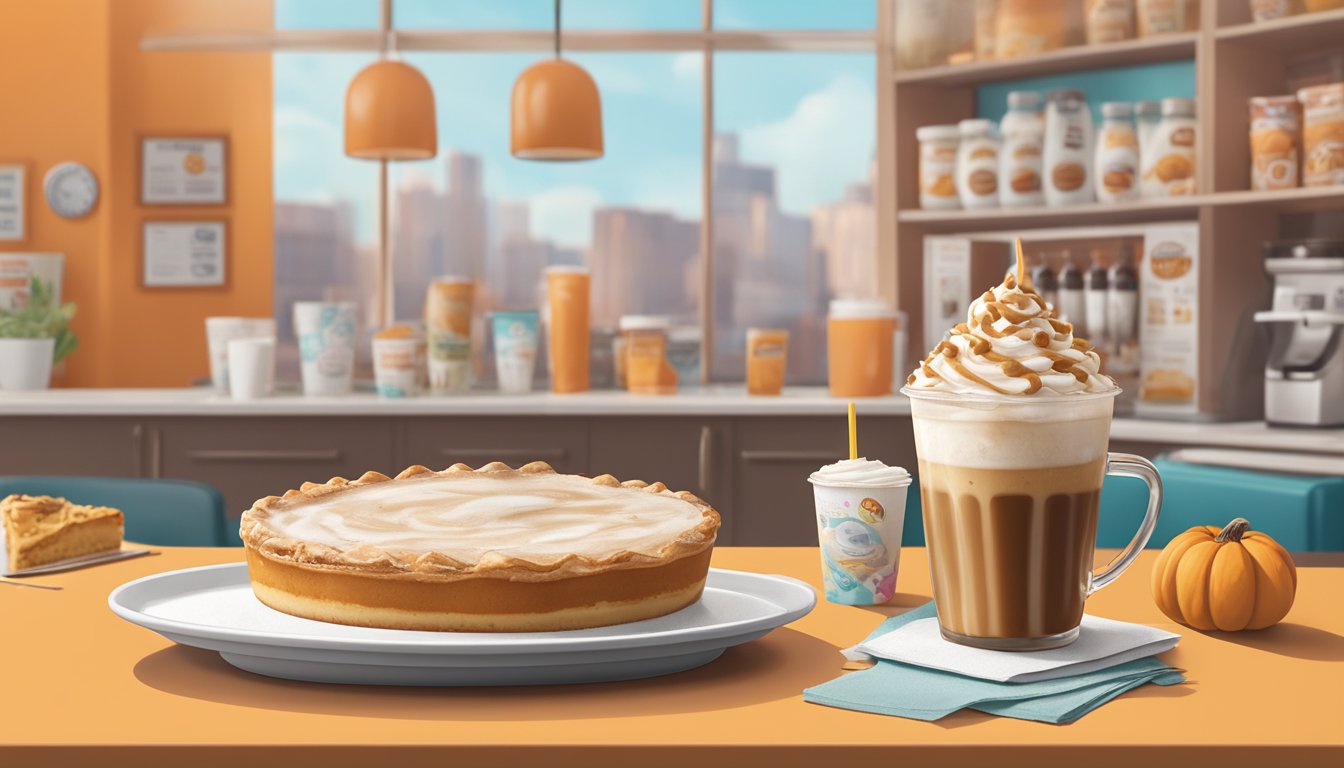 A steaming cup of pumpkin pie iced coffee sits on a counter, surrounded by other secret menu items at Dunkin'