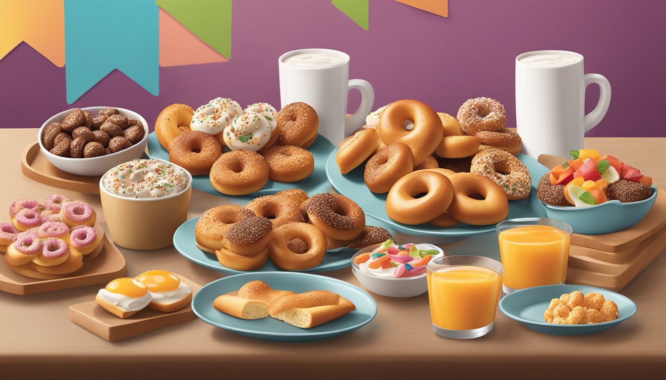 A table spread with a variety of mini bagel bites and Dunkin' breakfast items arranged in an appetizing display