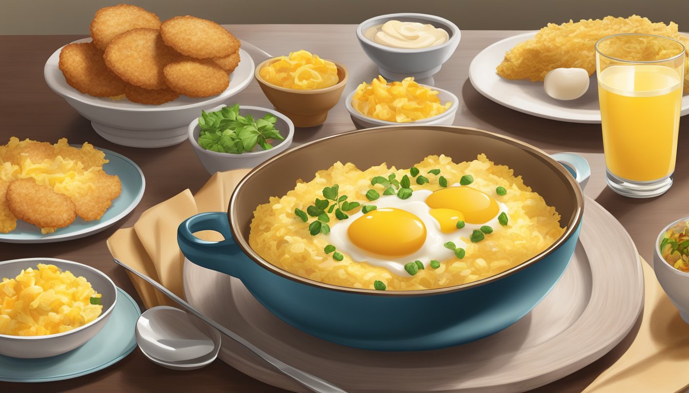 A steaming bowl filled with golden hash browns, fluffy scrambled eggs, and savory toppings sits on a table, surrounded by a warm and inviting breakfast spread