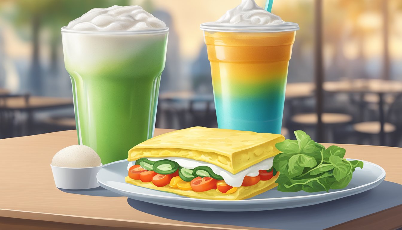 A colorful veggie egg white omelet on a plate next to a frosty Coolatta drink