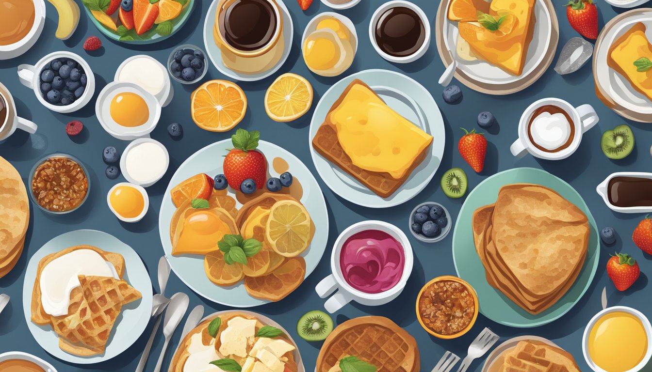 A table spread with various breakfast items and drinks, arranged in visually appealing pairings, with a focus on color and texture contrast