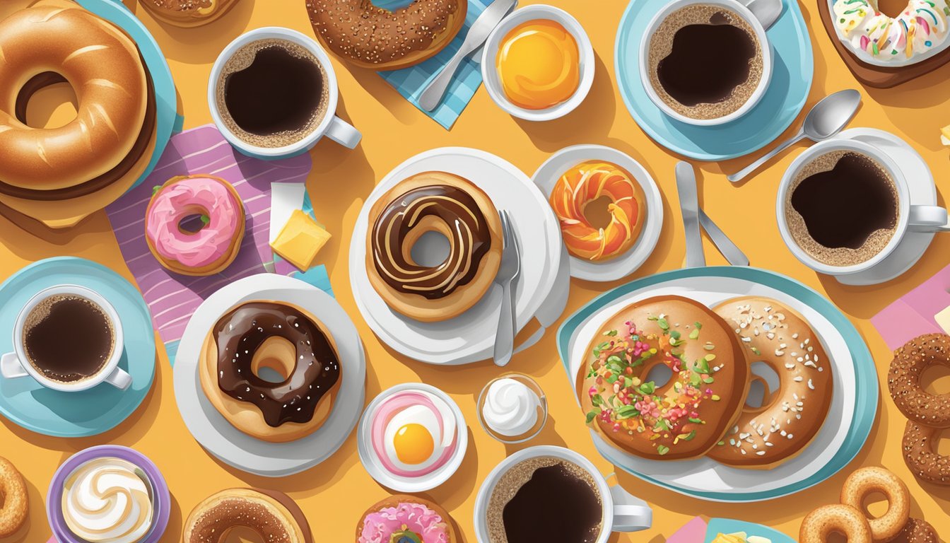 A table set with various Dunkin' breakfast items, including coffee, bagels, and breakfast sandwiches, arranged neatly with colorful garnishes