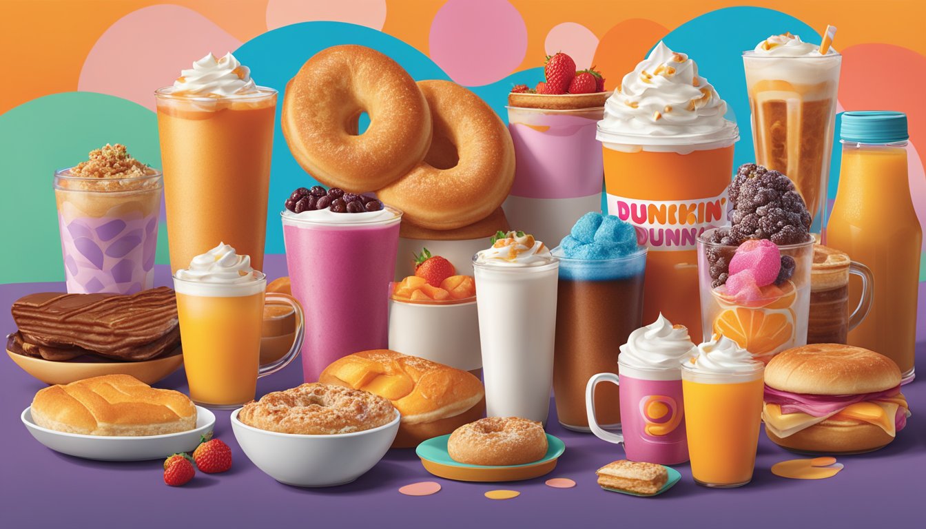 A colorful array of unique breakfast items and beverages from Dunkin' arranged in an artistic and visually appealing manner