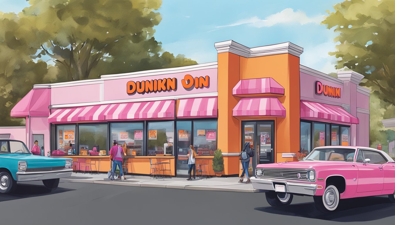 The Quincy, Massachusetts Dunkin' location with iconic pink and orange branding, a drive-thru, and a bustling interior filled with customers enjoying coffee and donuts