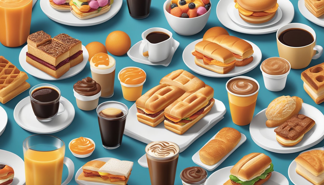 A table set with 9 different breakfast pairings from Dunkin', including coffee, sandwiches, and pastries, arranged in an appealing and appetizing display