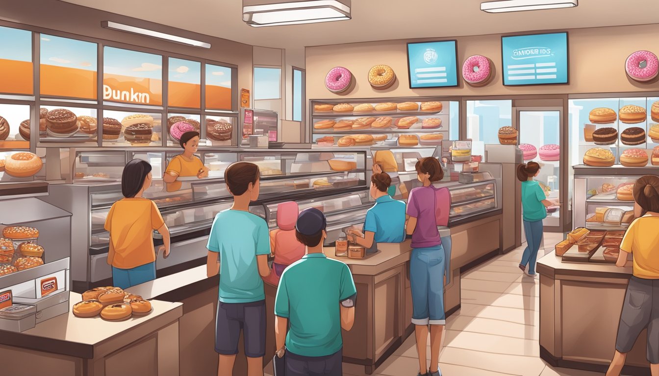 A bustling Dunkin' Donuts store with a constant stream of customers ordering and enjoying their favorite treats