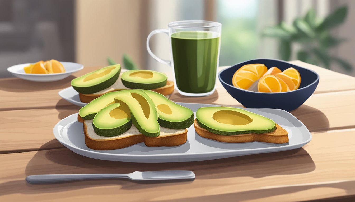 A plate with avocado toast on sourdough sits next to a cup of coffee and a bowl of fresh fruit, all on a wooden table