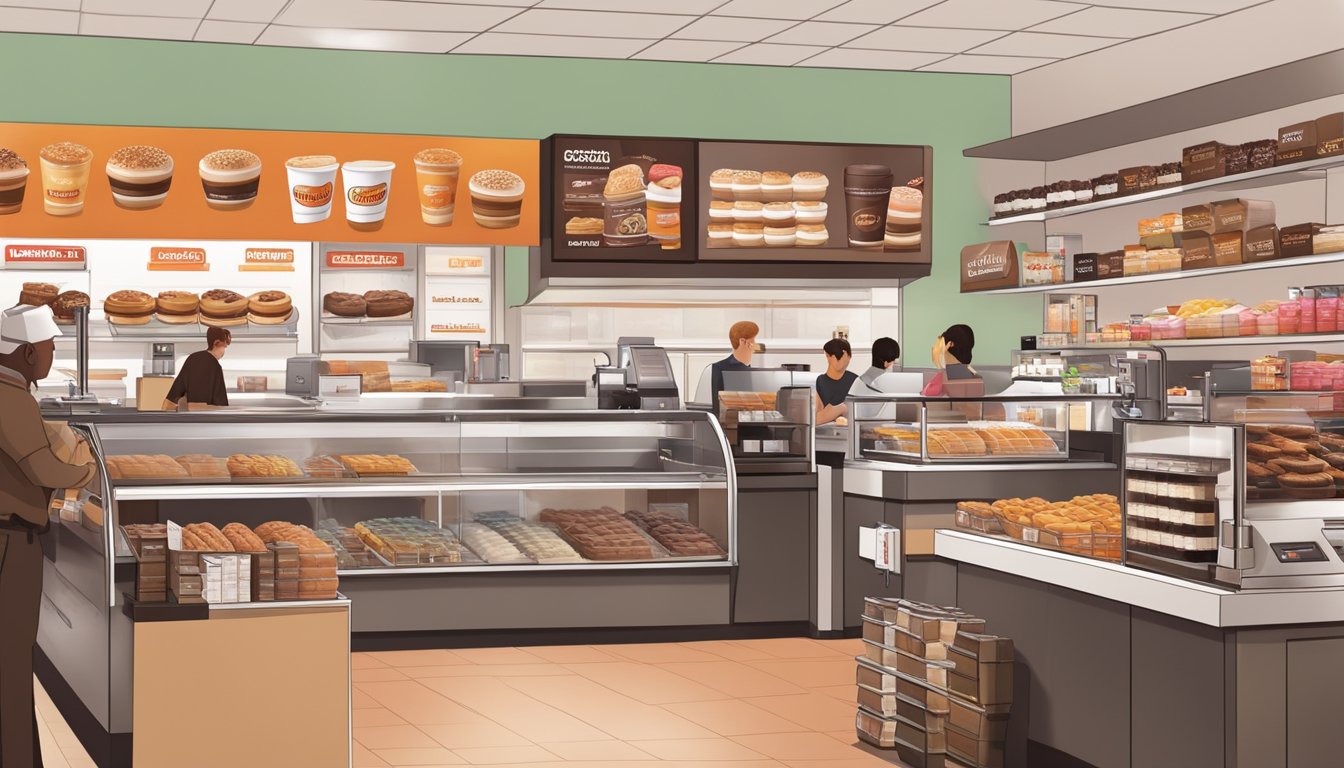 A bustling Dunkin' Donuts store with a prominent display of various coffee products and a steady stream of customers at the counter