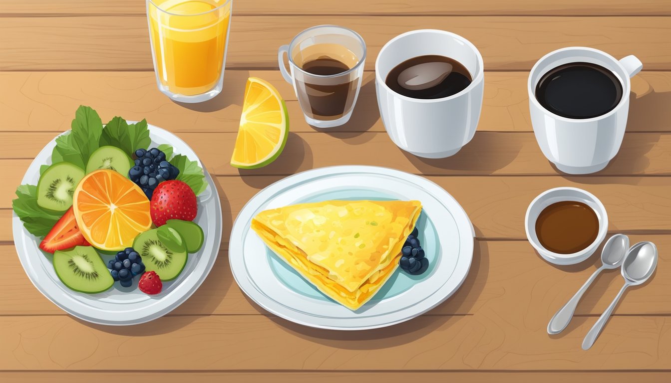 A colorful plate with a veggie egg white omelet, surrounded by fresh fruit and a cup of black coffee, set on a wooden table