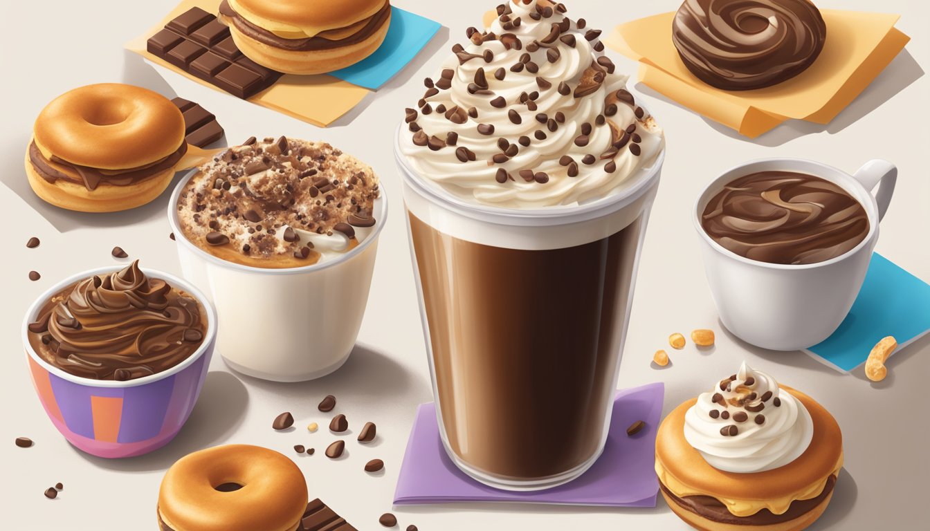 A steaming cup of French Vanilla Swirl Dunkin' coffee surrounded by various add-ins like caramel, whipped cream, and chocolate sprinkles on a table