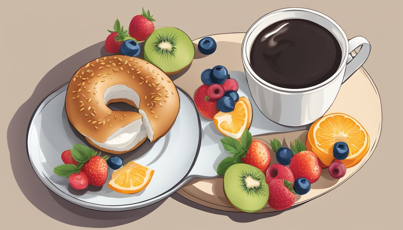 A multigrain bagel with a dollop of light cream cheese on a plate, surrounded by fresh fruit and a cup of hot coffee