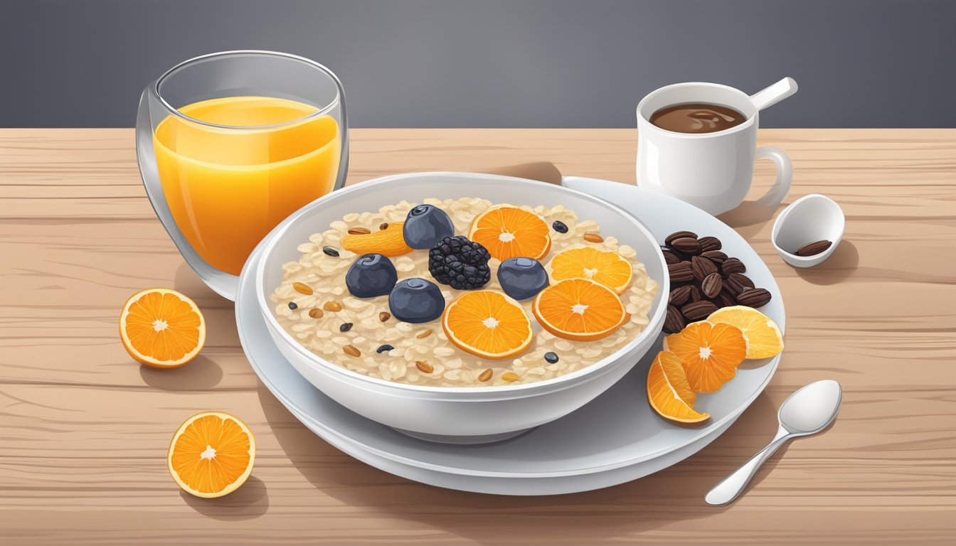 A bowl of oatmeal topped with colorful dried fruits sits on a wooden table, surrounded by a steaming cup of coffee and a fresh orange juice