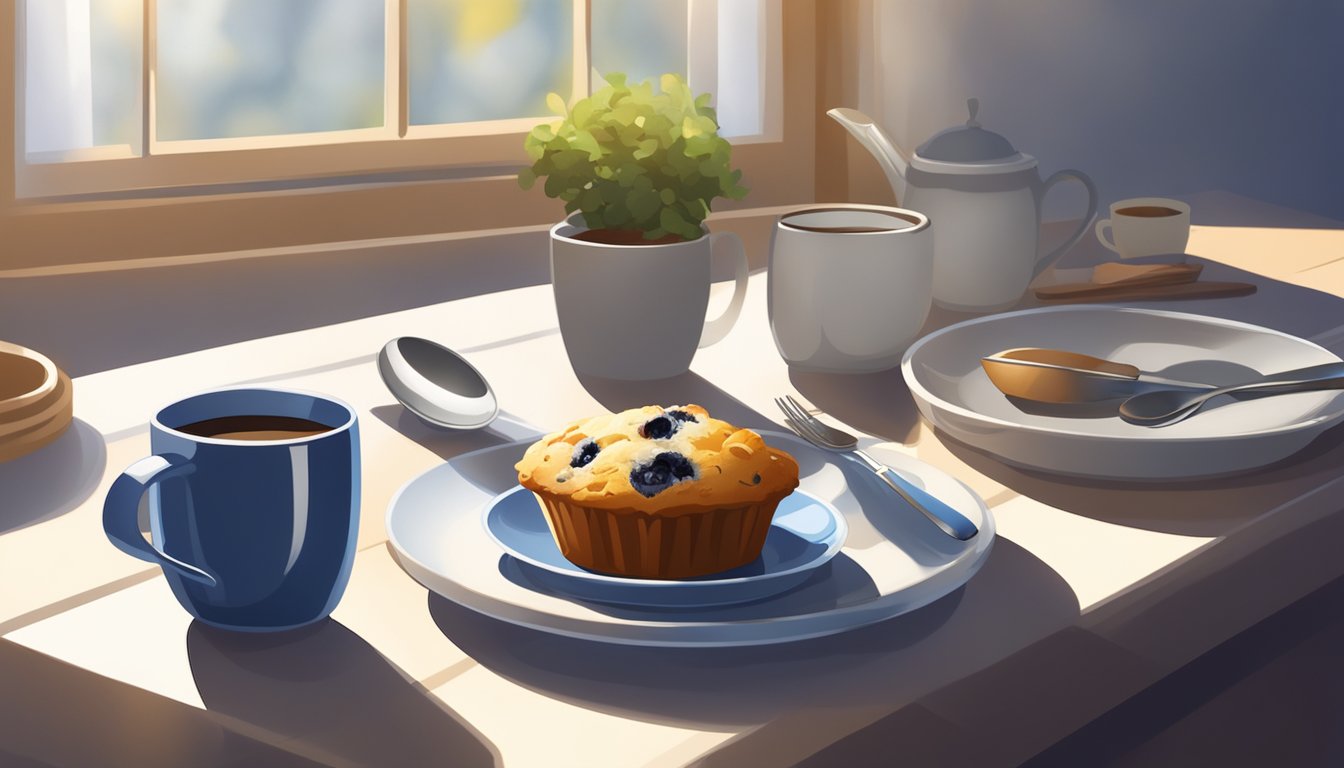 A blueberry muffin sits on a plate next to a cup of coffee, with a napkin and utensils nearby. Sunlight streams through a window onto the table