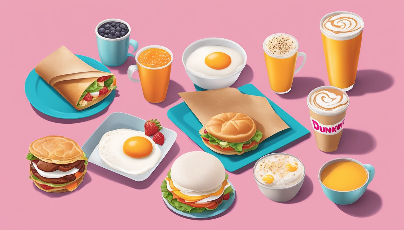 A colorful breakfast scene with a Wake-Up Wrap, egg whites, and six other healthy Dunkin' breakfast options arranged on a table