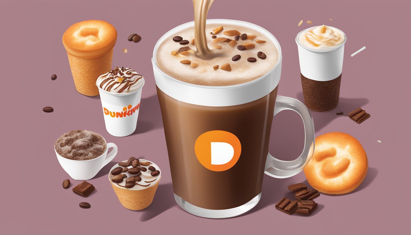 A coconut shot being poured into a cup of Dunkin' coffee with various add-ins surrounding the cup