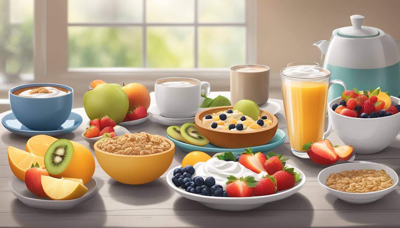 A colorful spread of fresh fruit, whole grain bagels, yogurt parfaits, and oatmeal bowls arranged on a table with a steaming cup of coffee