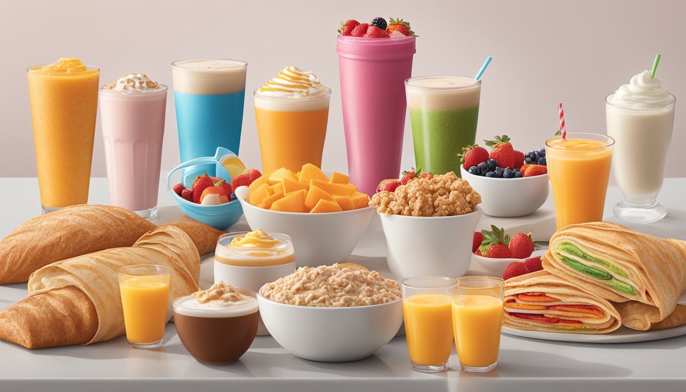 A colorful display of fresh breakfast options at Dunkin', including oatmeal, egg white wraps, and fruit smoothies