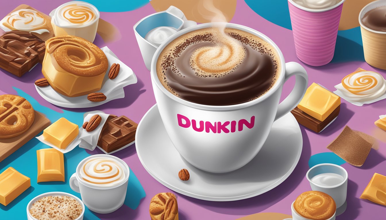 A steaming cup of Dunkin' coffee with a swirl of butter pecan flavoring, surrounded by various add-ins like cream and sugar packets on a table