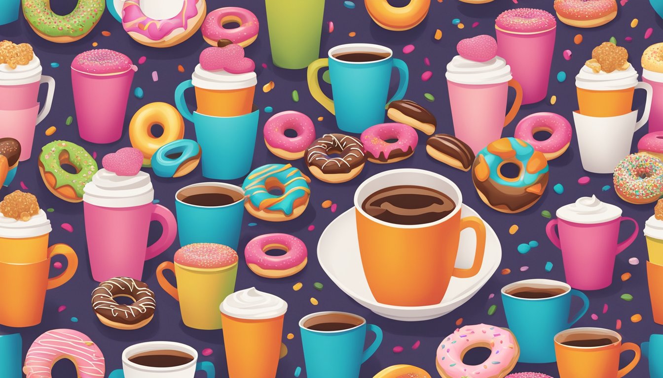 A colorful and retro-inspired scene featuring the iconic Dunkin' logo surrounded by coffee cups, donuts, and other tasty treats from the brand's menu