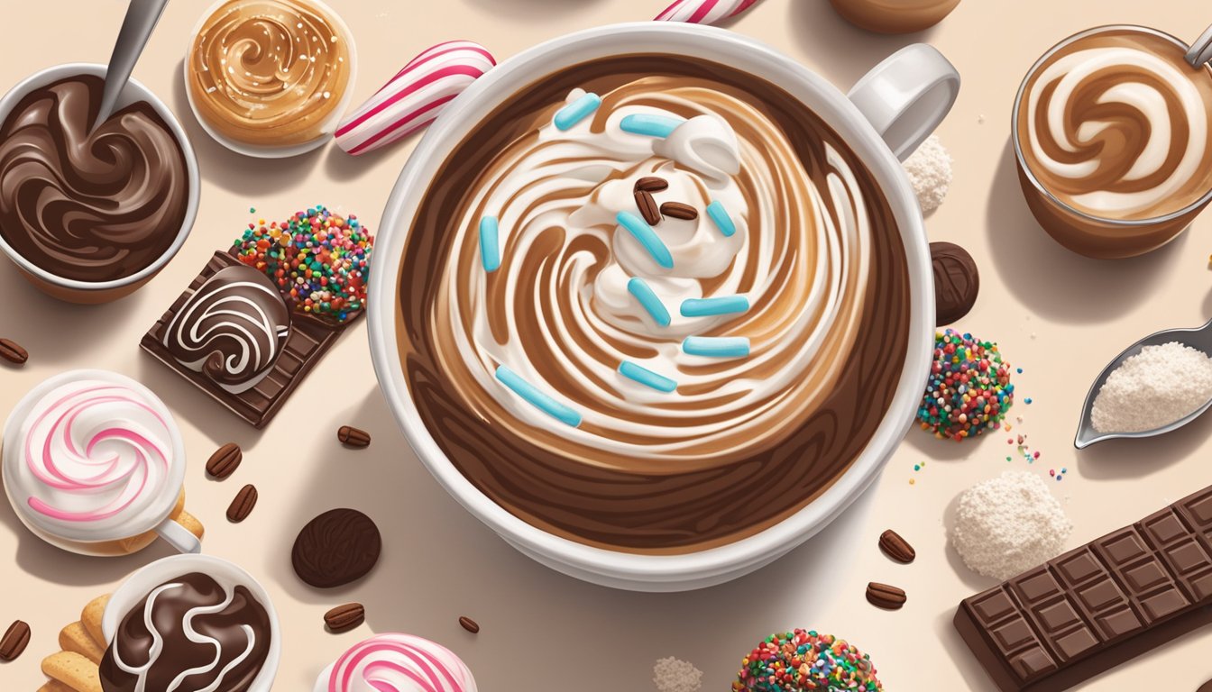 A steaming cup of peppermint mocha swirl Dunkin' coffee surrounded by various add-ins like whipped cream, sprinkles, and flavored syrups on a table